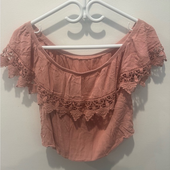 Streetwear Society Pink Women's Lace Trim Off-Shoulder Top - Picture 4 of 7